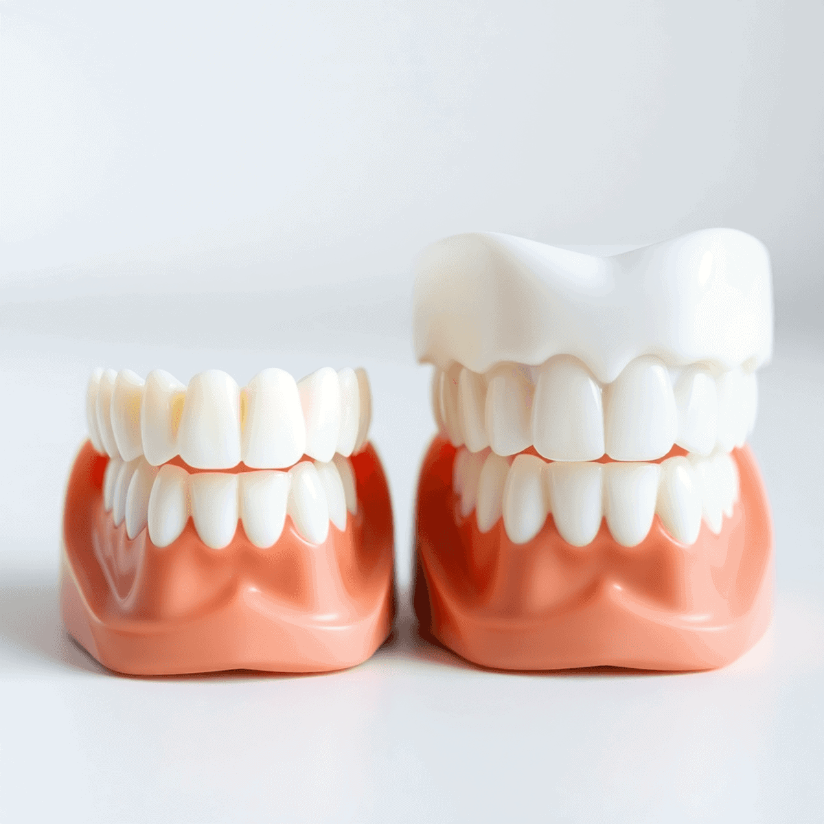 Close-up image of two teeth models side by side: smaller white baby teeth and larger translucent adult teeth on a neutral background with soft ligh...