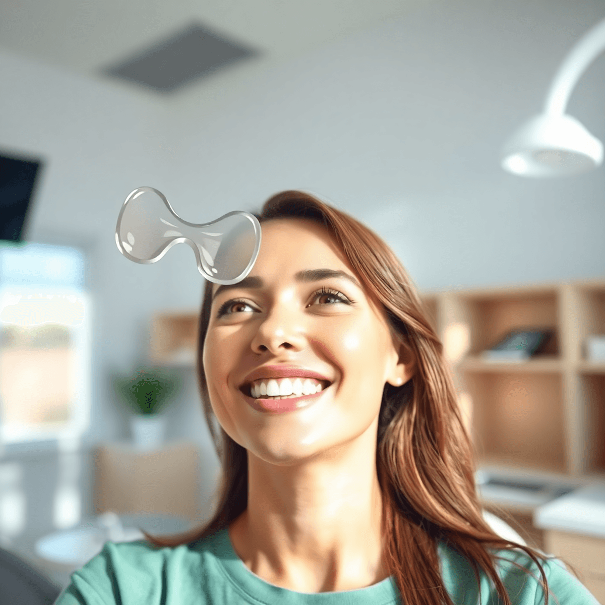 Donna sorridente con denti perfetti in una luminosa clinica dentistica, allineatore trasparente che fluttua accanto a lei, luce naturale soffusa, a...