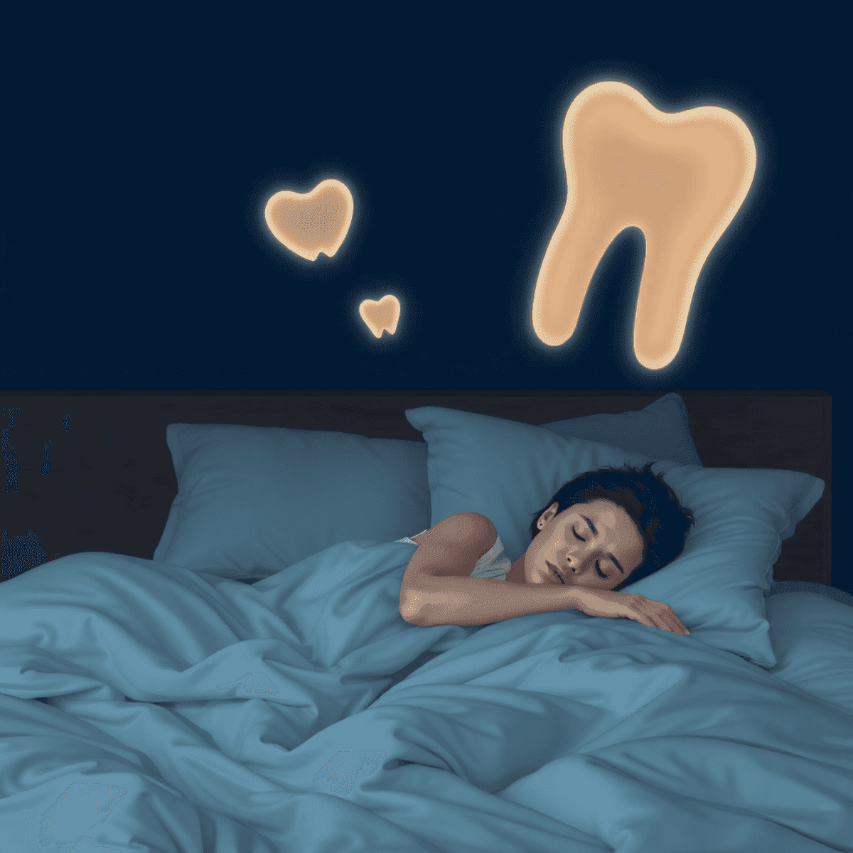 Persona tranquilla che dorme in una camera serena di notte, circondata da morbide forme astratte luminose e immagini stilizzate di mascelle lisce c...