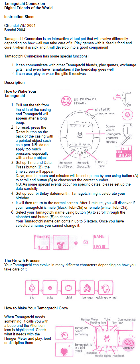 Tamagotchi Connection Instruction Page 1