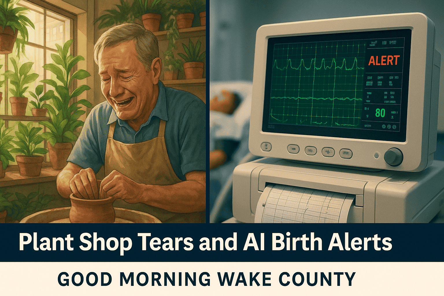 Plant shop owner emotional reaction, and medical monitor showing AI-generated health alerts for Wake County.