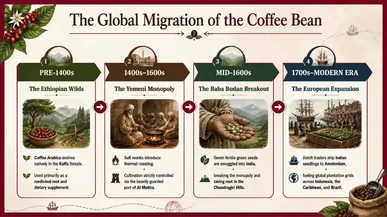 Technical infographic flowchart mapping the historical global migration timeline of the coffee bean from Ethiopia to Yemen, India, and across the world