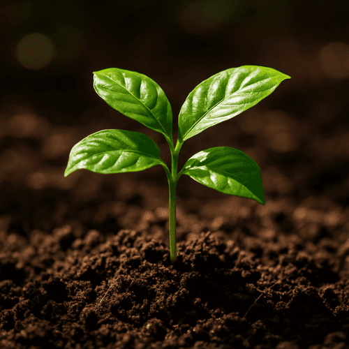a younf coffee seedling growing in fertile soil ready to be planted out to grow to fruition