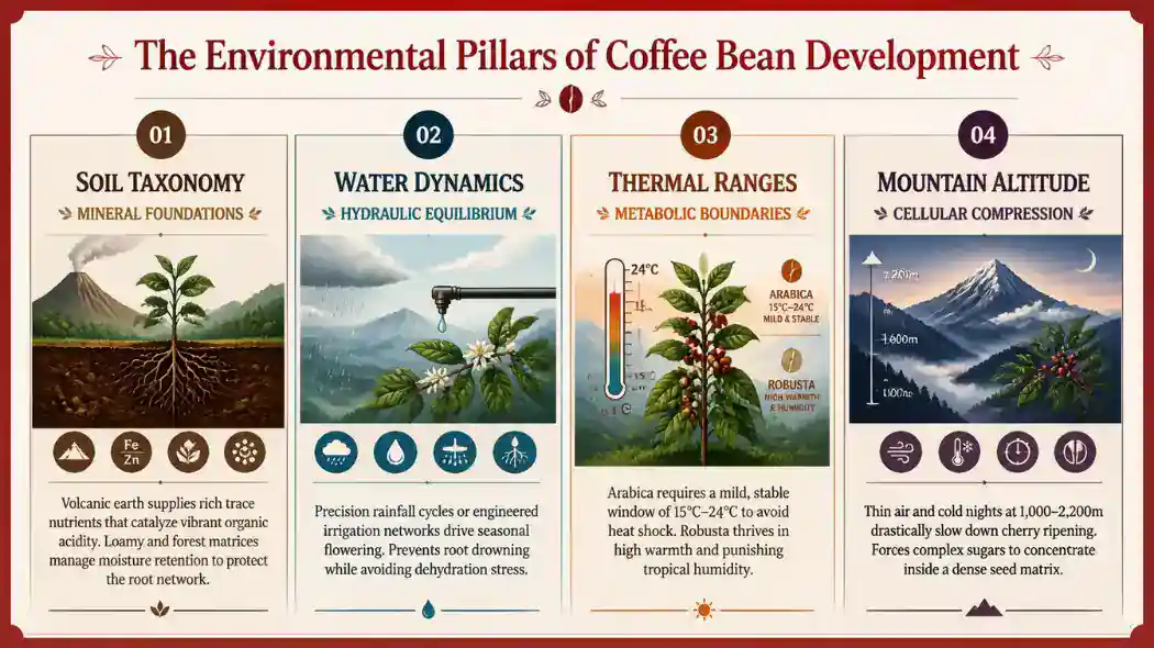 Technical infographic chart with a Deep Cherry Red border detailing how soil taxonomy, water irrigation, thermal ranges, and mountain altitude shape coffee bean density