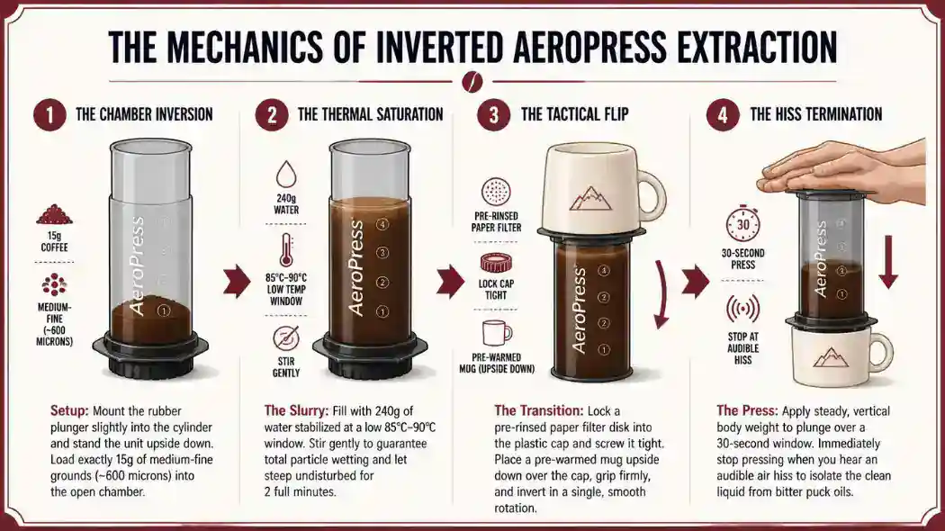 Technical infographic timeline flowchart with a Deep Cherry Red border mapping the four phases of the inverted AeroPress brewing method from inversion to hiss termination