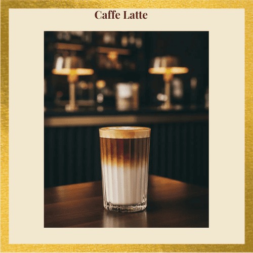 A tall, ribbed glass of layered caffe latte on a dark wood table