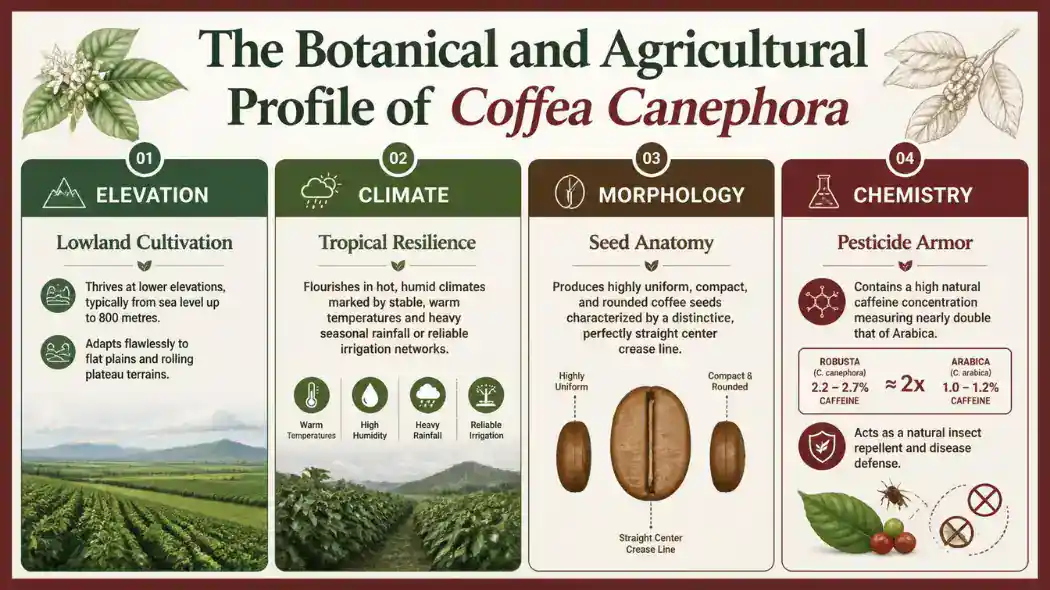 Technical infographic chart with a Deep Cherry Red border detailing the lowland elevation, tropical climate, round seed morphology, and high caffeine content of Robusta coffee