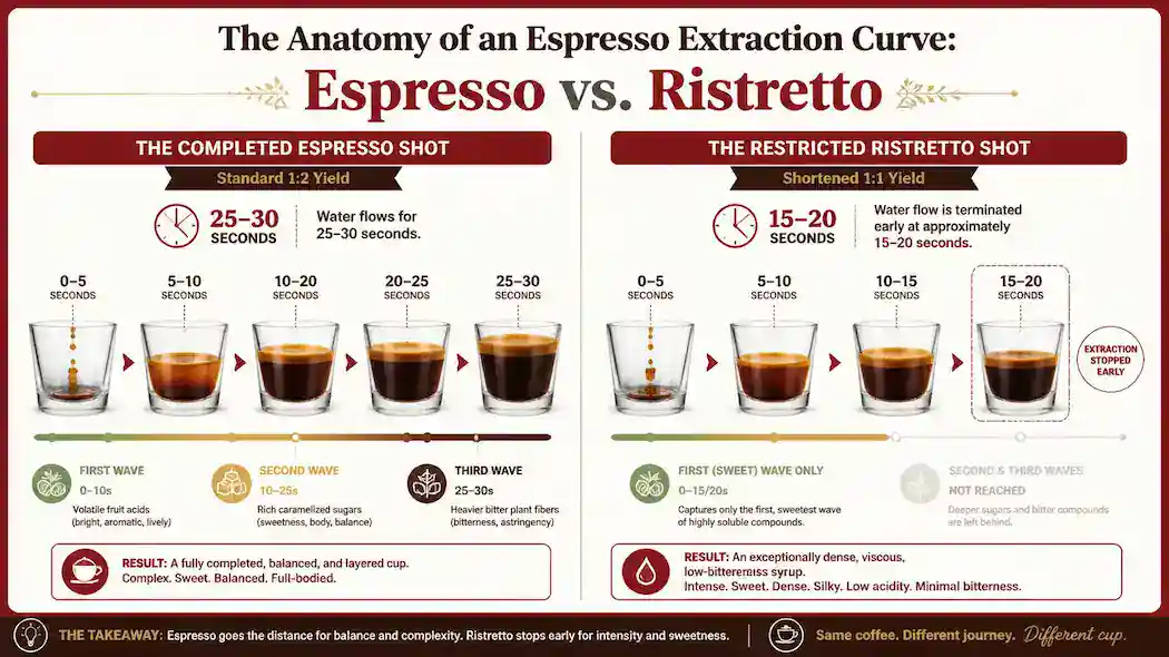 Technical infographic diagram with a Deep Cherry Red border mapping the chemical extraction phases, yields, and time curves of an Espresso versus a Ristretto shot