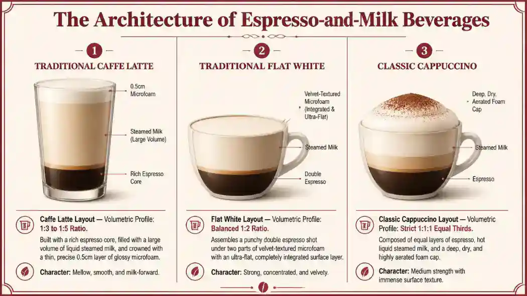 Technical infographic diagram with a Deep Cherry Red border comparing the liquid milk-to-coffee proportions and surface foam thickness of a Latte, Flat White, and Cappuccino