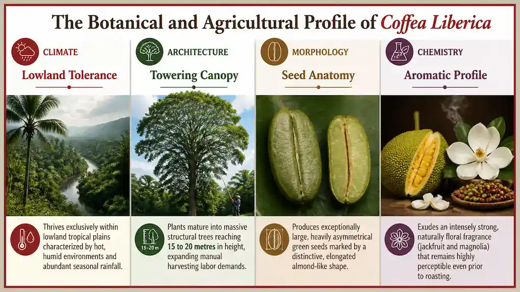 Technical infographic chart with a Deep Cherry Red border detailing the lowland climate tolerance, towering tree architecture, large seed morphology, and floral aromatic chemistry of Liberica coffee