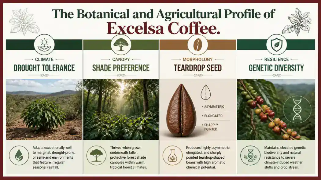 Technical infographic chart with a Deep Cherry Red border detailing the drought tolerance, shade canopy preference, teardrop seed morphology, and climate resilience of Excelsa coffee