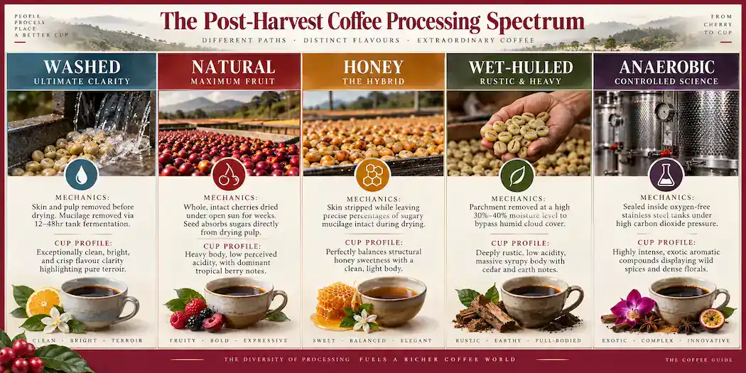 Technical infographic comparison chart with a Deep Cherry Red border detailing the mechanics and flavor outcomes of Washed, Natural, Honey, Wet-Hulled, and Anaerobic coffee processing