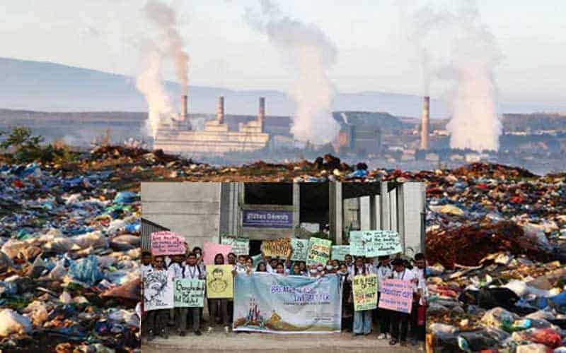 student human chain in protest against environmental pollution