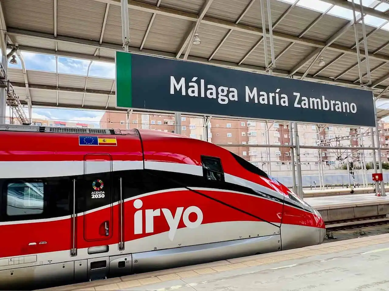 An Iryo high speed train at the platform at Malaga's Maria Zambrano station