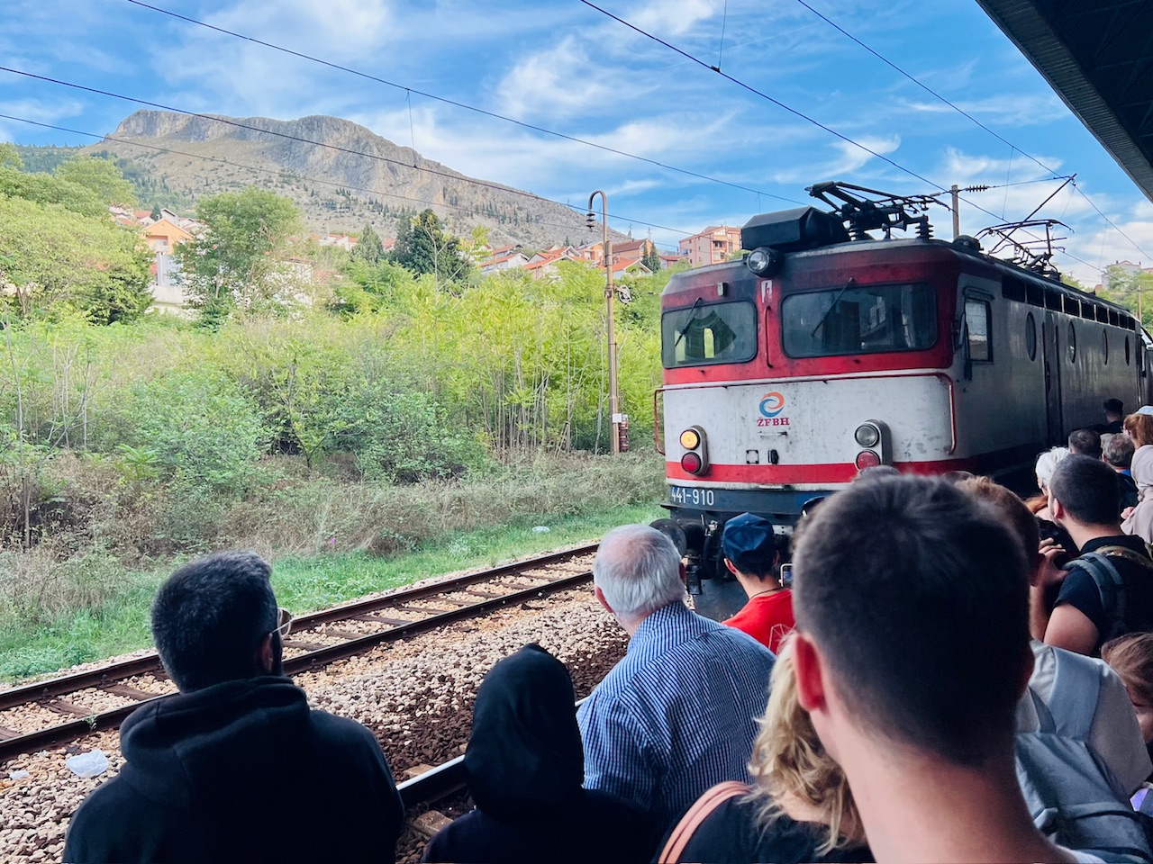 The train from Mostar to Sarajevo arriving at the Mostar train station