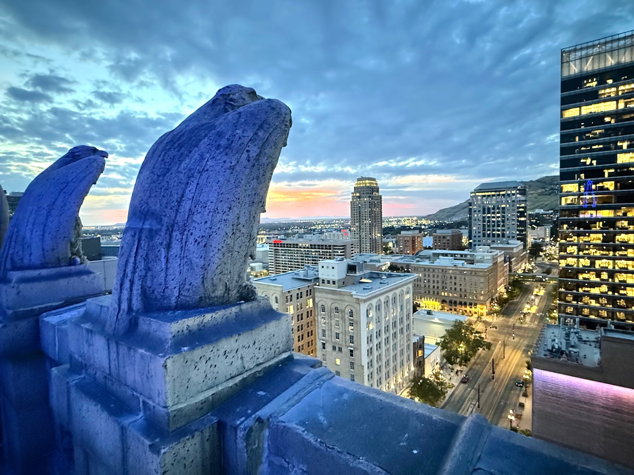 Sunset view of Salt Lake City from the top of the iconic Walker Center