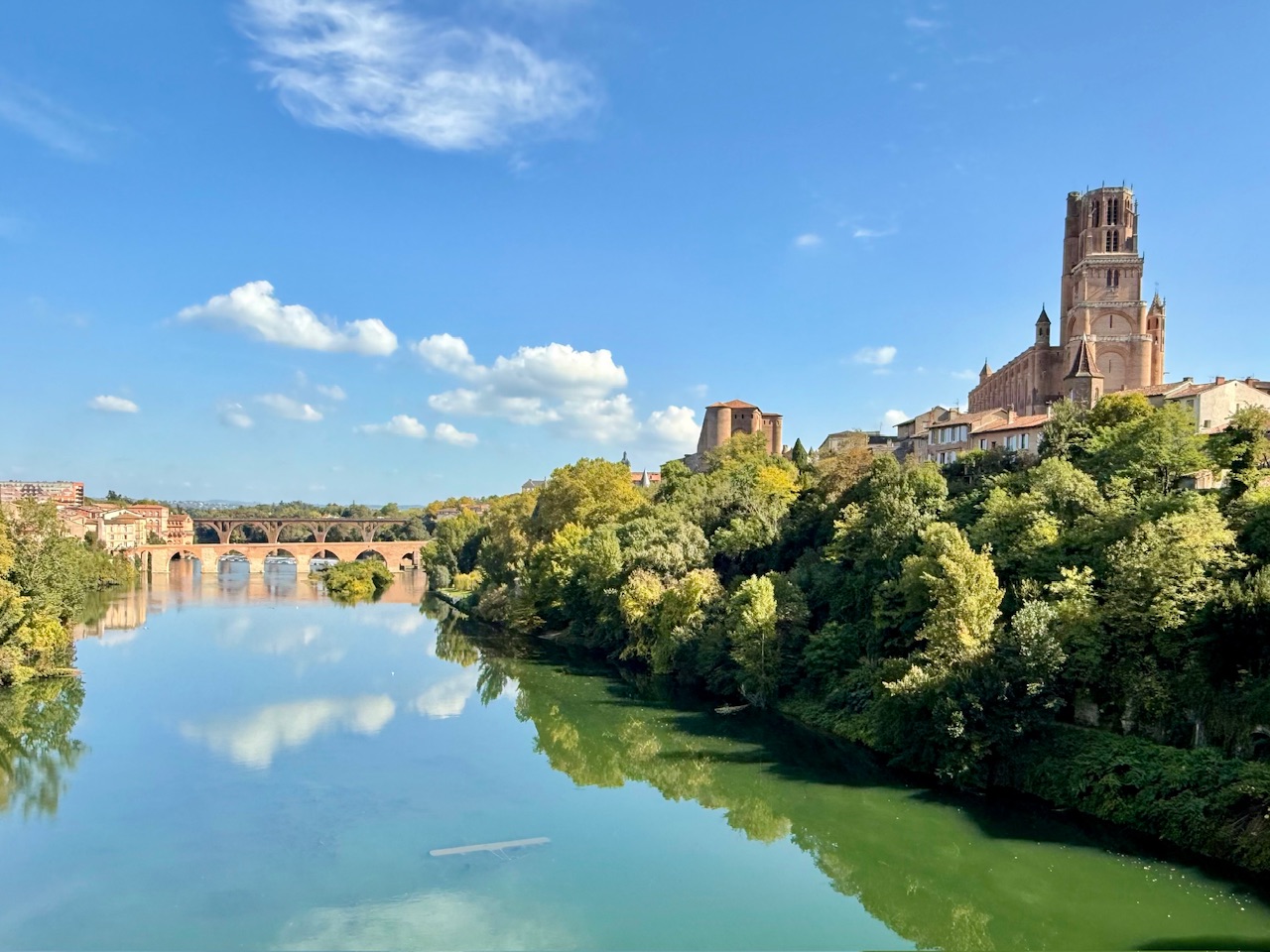 A view of Albi France and the Tarn River from the La Passerelle train bridge