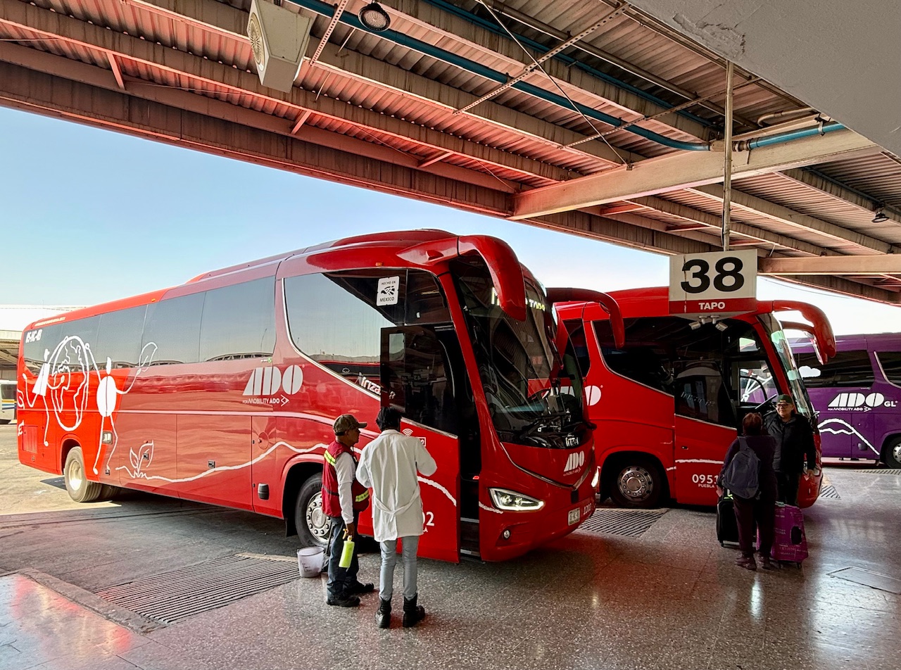 A row of ADO Primera Clase buses lined up at the Puebla CAPU bus terminal