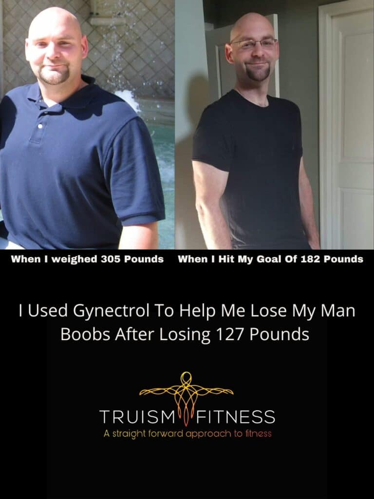 A before and after image of myself when I used Gynectrol to help get rid of my man boobs after I lost 127 pounds.