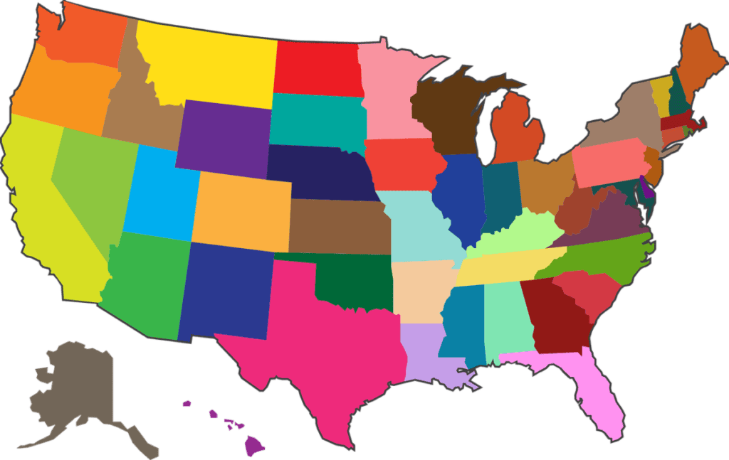 A map of the United Staes with each state depicted ion a different color