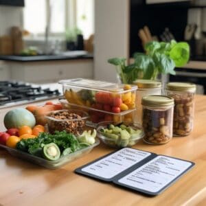 Meal prep containers sitting on a kitchen island with a food list on top