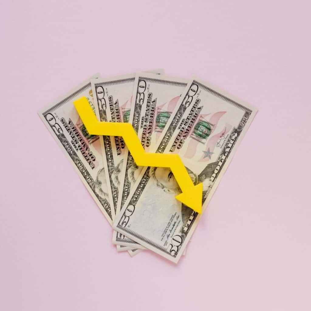 4 fifty dollar bills on a pink background with a arrow graph dropping towards the ground. Referring to how much walking sticks can be.