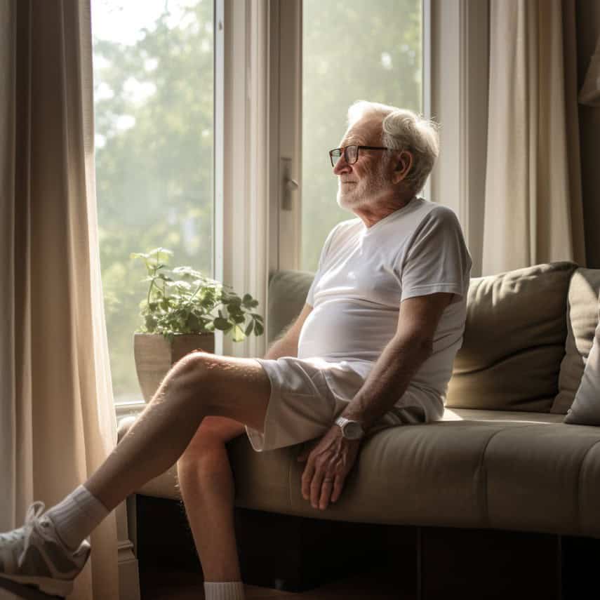 An old man sitting on a couch looking out of a window wearing compression socks to help with varicose veins