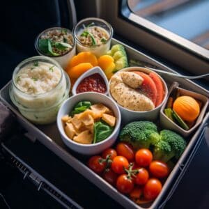 a platter with meal prep containers for someone travelling