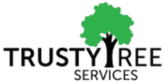 Logo of trusty tree services featuring a green tree and a silhouette of a person with a chainsaw.