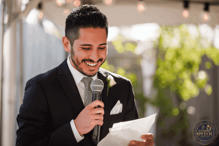 A man in a suit and tie holds a microphone and reads from a sheet of paper while smiling, standing outdoors under string lights.