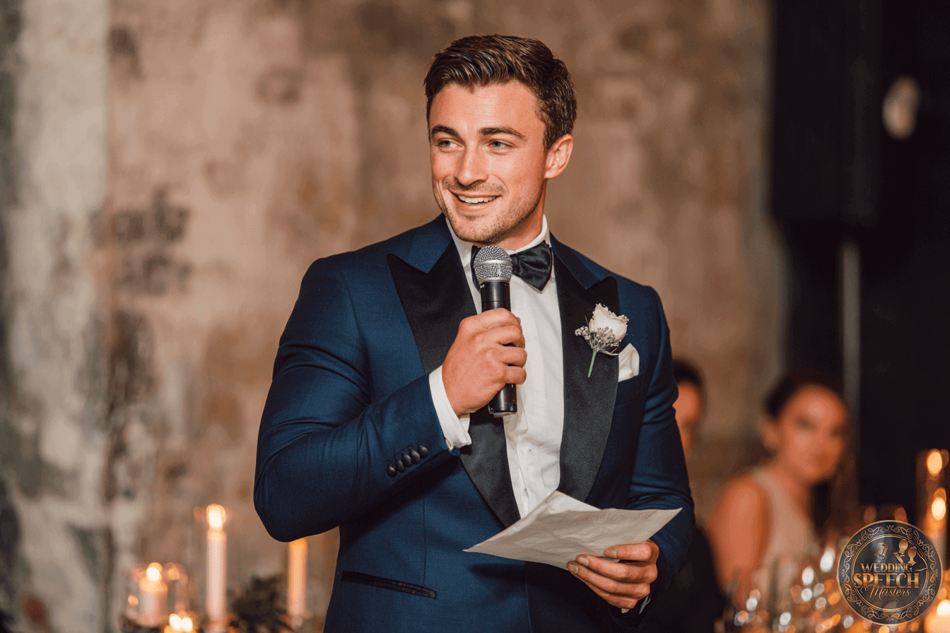 A man in a blue tuxedo holds a microphone and a piece of paper, speaking at an indoor event with candles and blurred guests in the background.