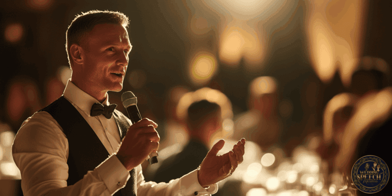 A man in formal attire speaks into a microphone at an indoor event, addressing an audience seated at tables in a warmly lit setting.