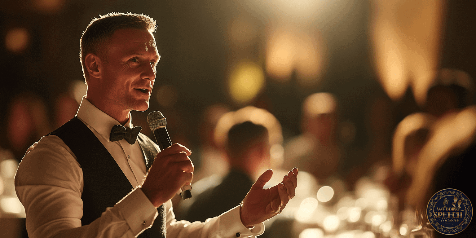 A man in formal attire speaks into a microphone at an indoor event, addressing an audience seated at tables in a warmly lit setting.