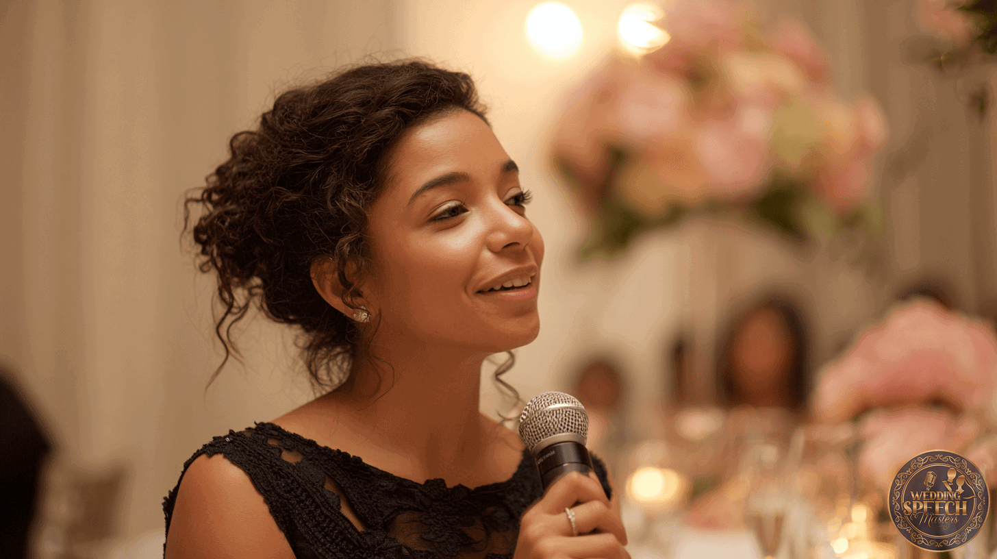 A woman holding a microphone offers heartfelt blessings for the couple’s future.