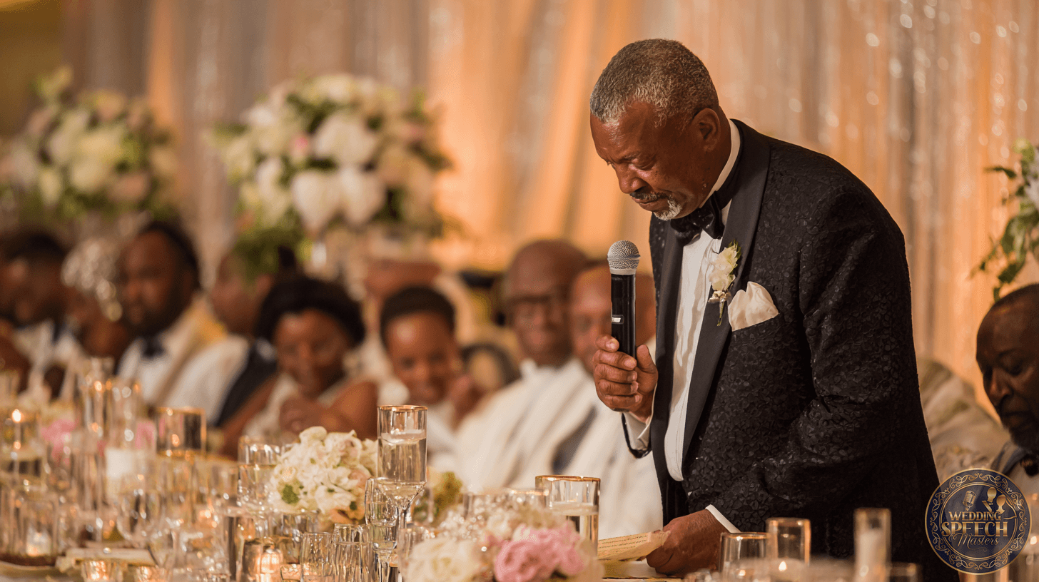 An older man in a tuxedo stands at a decorated banquet table, holding a microphone and reading Blessings for the Wedding Meal from his notes, while guests seated nearby listen attentively.