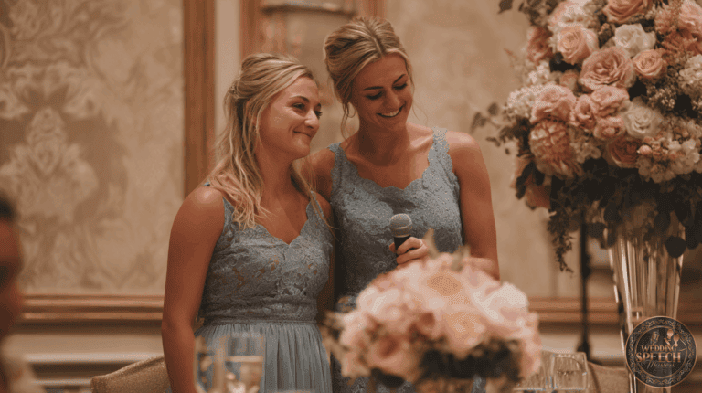 Two women in matching blue lace dresses stand close together, one holding a microphone, next to a large floral arrangement at an indoor event.