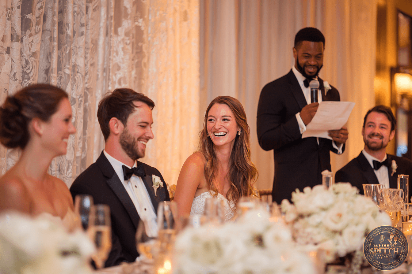 A bridal party sits at a decorated table, smiling and laughing, while a man in a tuxedo stands and reads from a piece of paper, possibly giving a speech at a wedding reception.