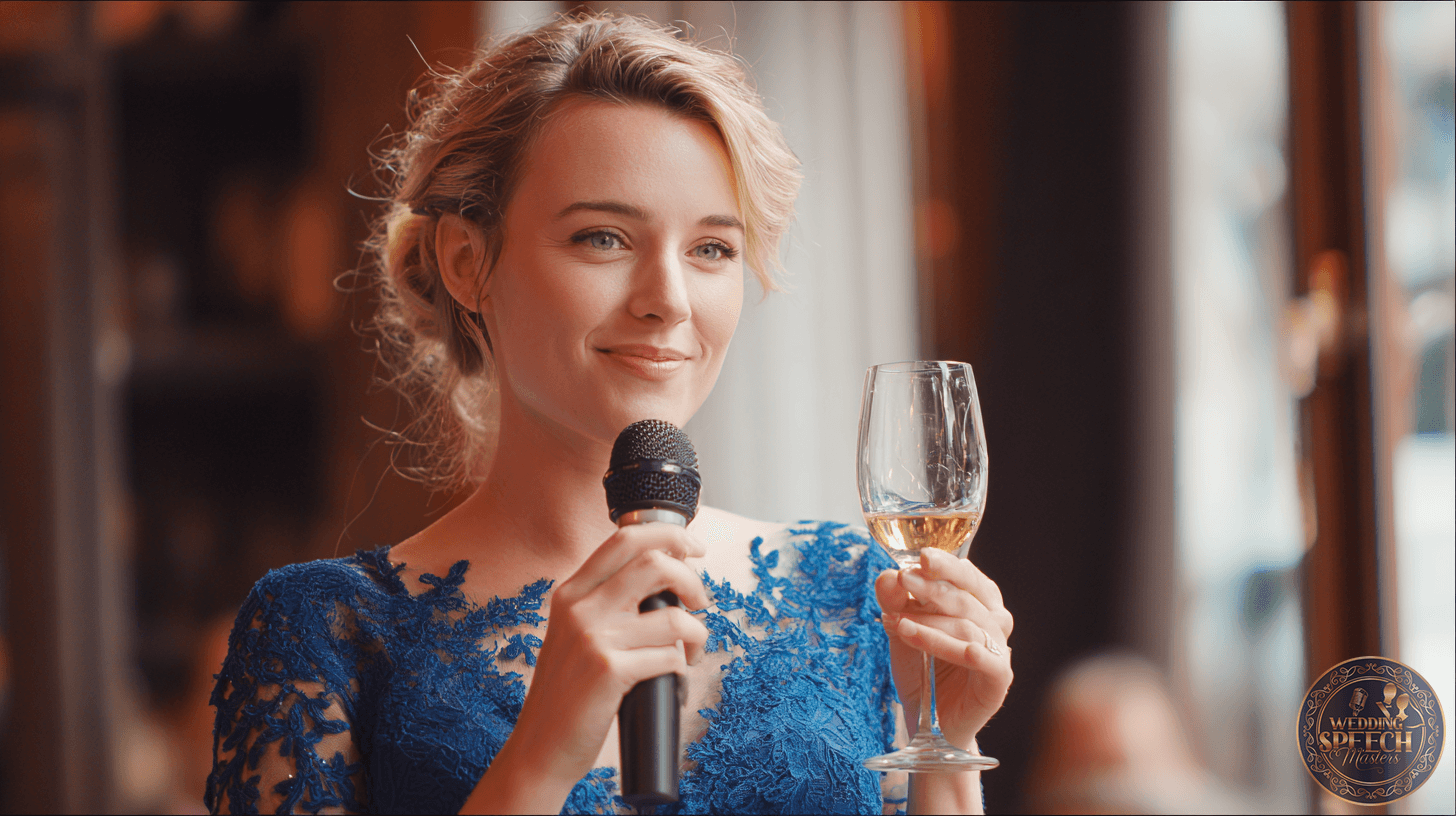 A woman in a blue lace dress holds a microphone and a glass of wine, appearing to give Bridal Party Toasts in a warmly lit indoor setting.