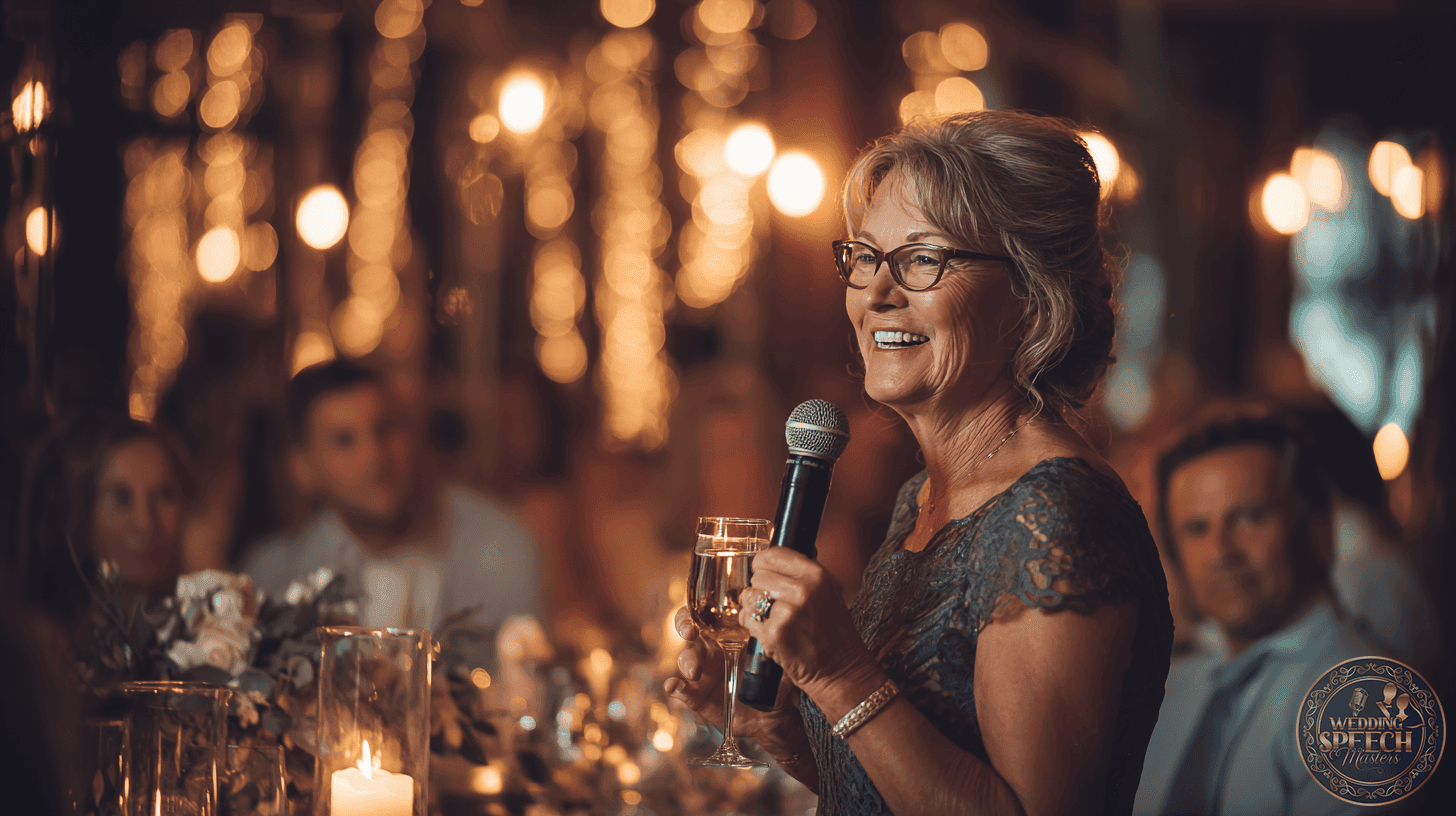 A woman holding a microphone and a glass speaks at an event with seated guests and warm, festive lighting in the background.
