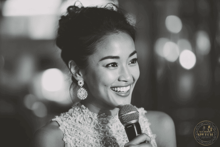 A woman in a lace dress smiles while holding a microphone, with blurred lights in the background. The photo is in black and white.
