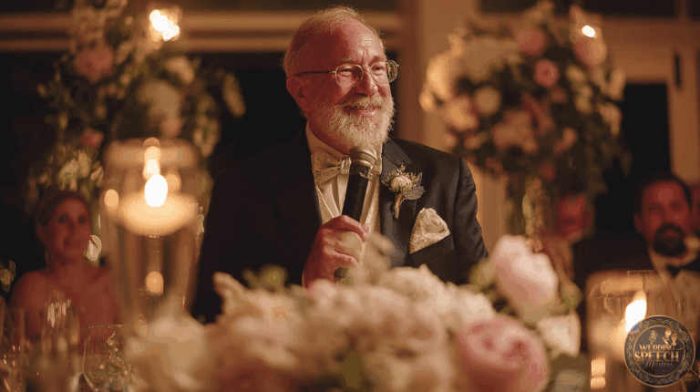 An older man in a suit and bow tie holds a microphone and smiles while giving a speech at a formal event, surrounded by flowers and soft candlelight.