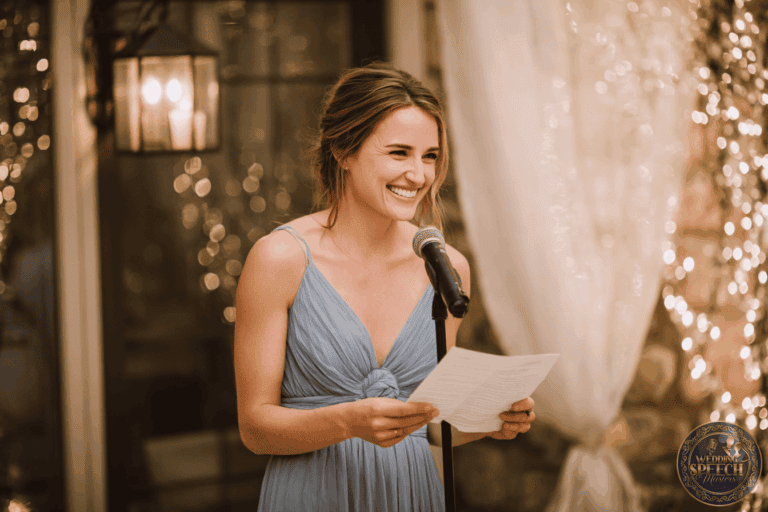 A woman in a light blue dress stands at a microphone, smiling while holding a sheet of paper, with soft lights and draped fabric in the background.