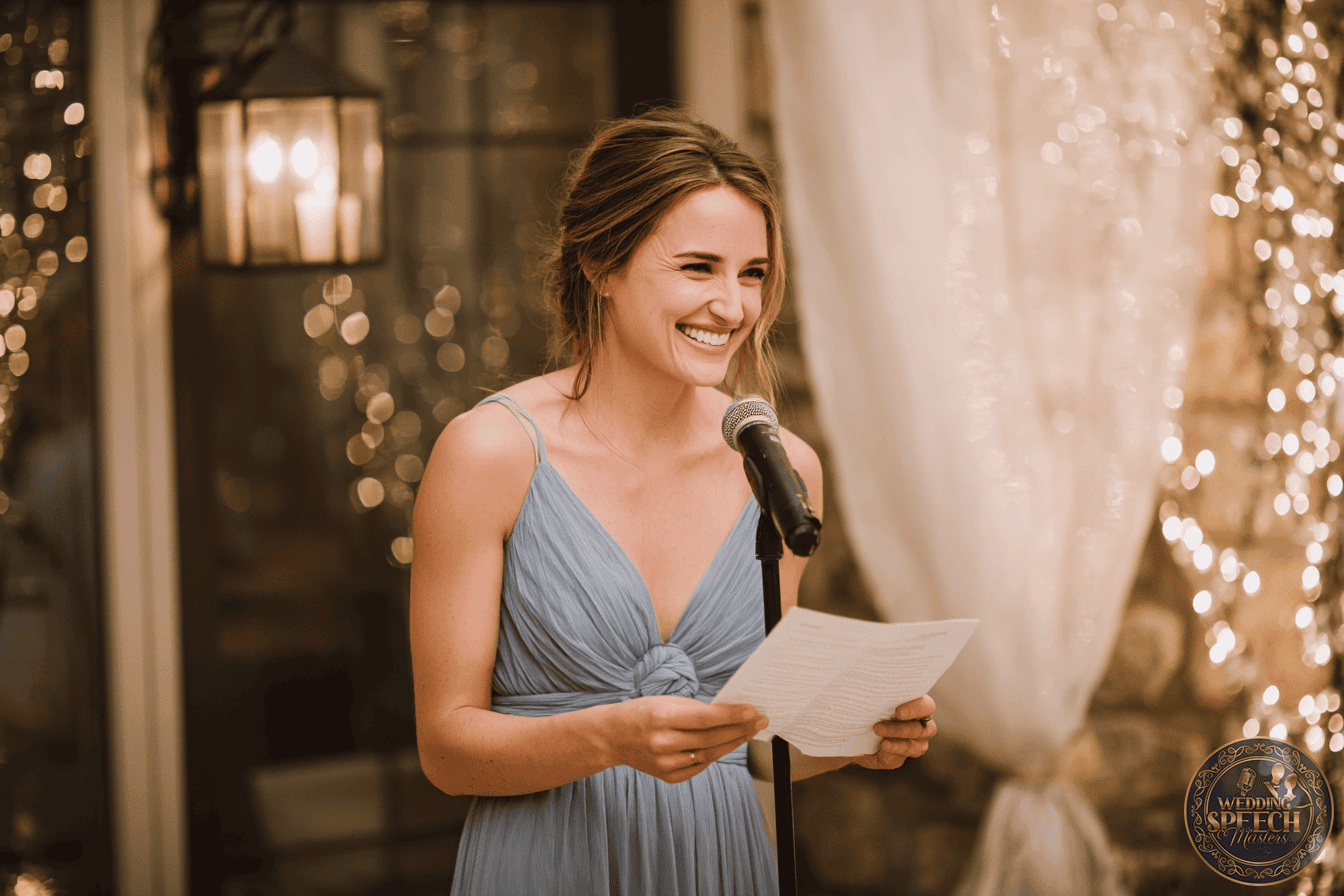A woman in a light blue dress stands at a microphone, smiling while holding a sheet of paper, with soft lights and draped fabric in the background.