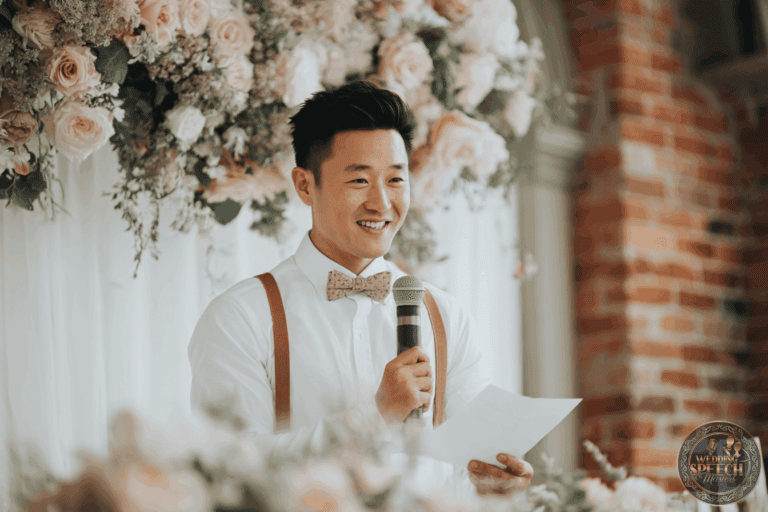 A man in a white shirt and bow tie holds a microphone and paper, speaking in front of a floral arrangement and brick wall.