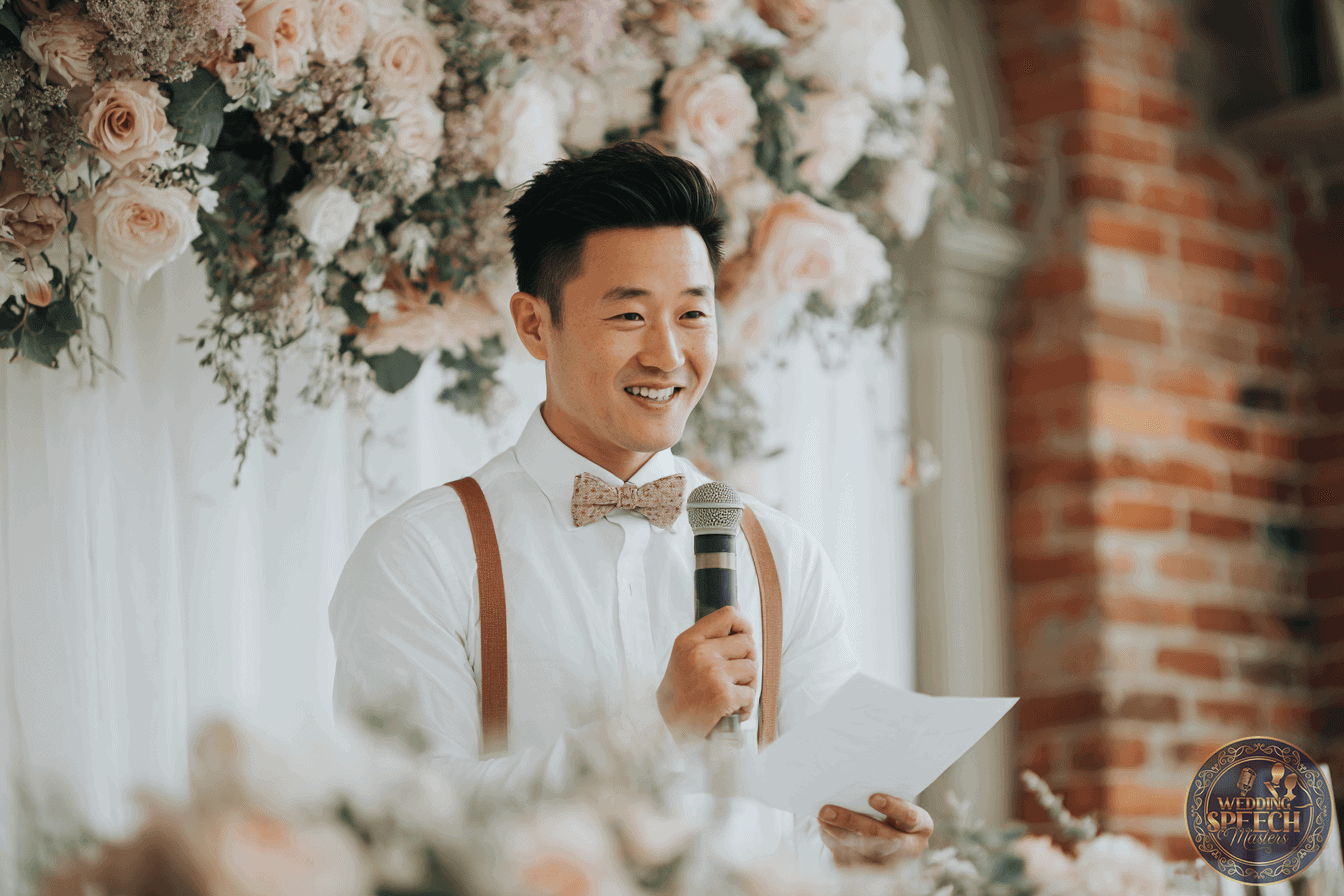 A man in a white shirt and bow tie holds a microphone and paper, speaking in front of a floral arrangement and brick wall.