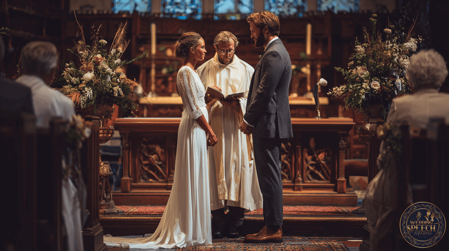 A bride and groom stand facing each other at the altar in a church, holding hands as a priest reads from a book during their wedding ceremony, exchanging cultural and religious vows.