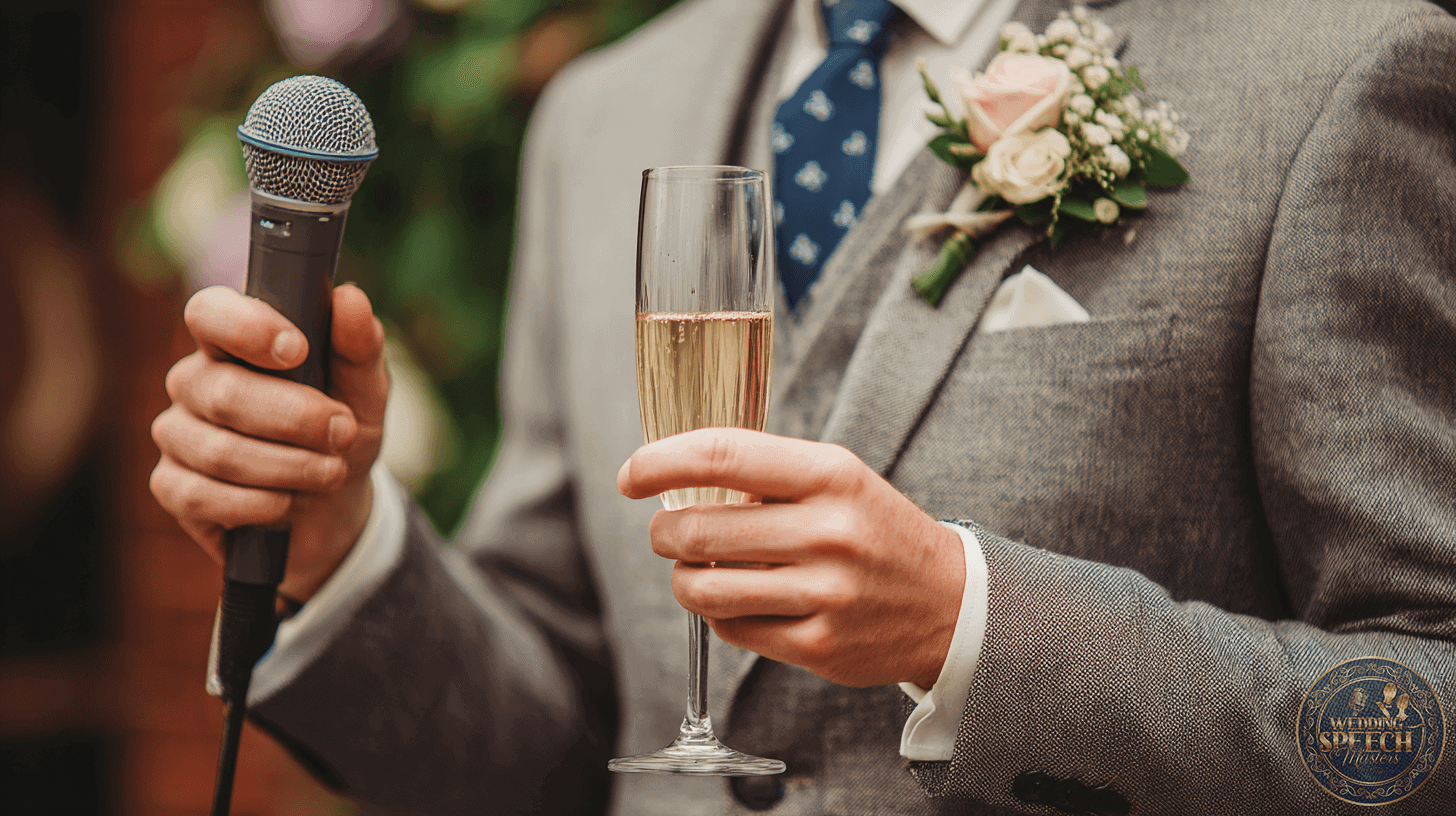 Person in a suit holding a microphone and a glass of champagne, with a boutonniere on the jacket, likely giving a speech or offering Cultural or Religious Toasts at an event.