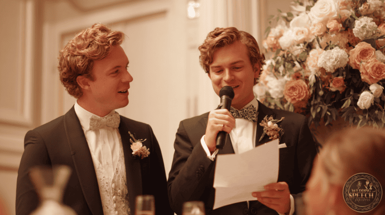 Two men in tuxedos stand together at a formal event; one reads from a paper into a microphone while the other smiles. A large floral arrangement is visible in the background.