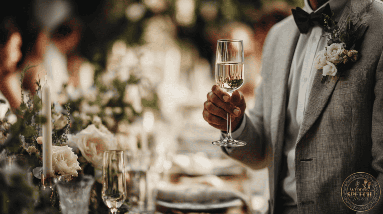 A person in a light suit with a boutonniere holds a glass of champagne at a decorated table set with flowers and glassware, ready to share some Dos and Don'ts for Short Wedding Toasts.