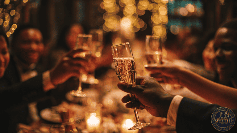 A group of people clink champagne glasses together at a warmly lit, festive dinner table with blurred lights in the background, beautifully Expressing Genuine Emotions in Wedding Toasts.